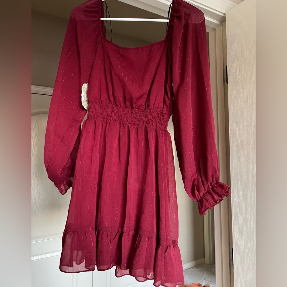 NWT Burgundy Sheer Sleeved Dress